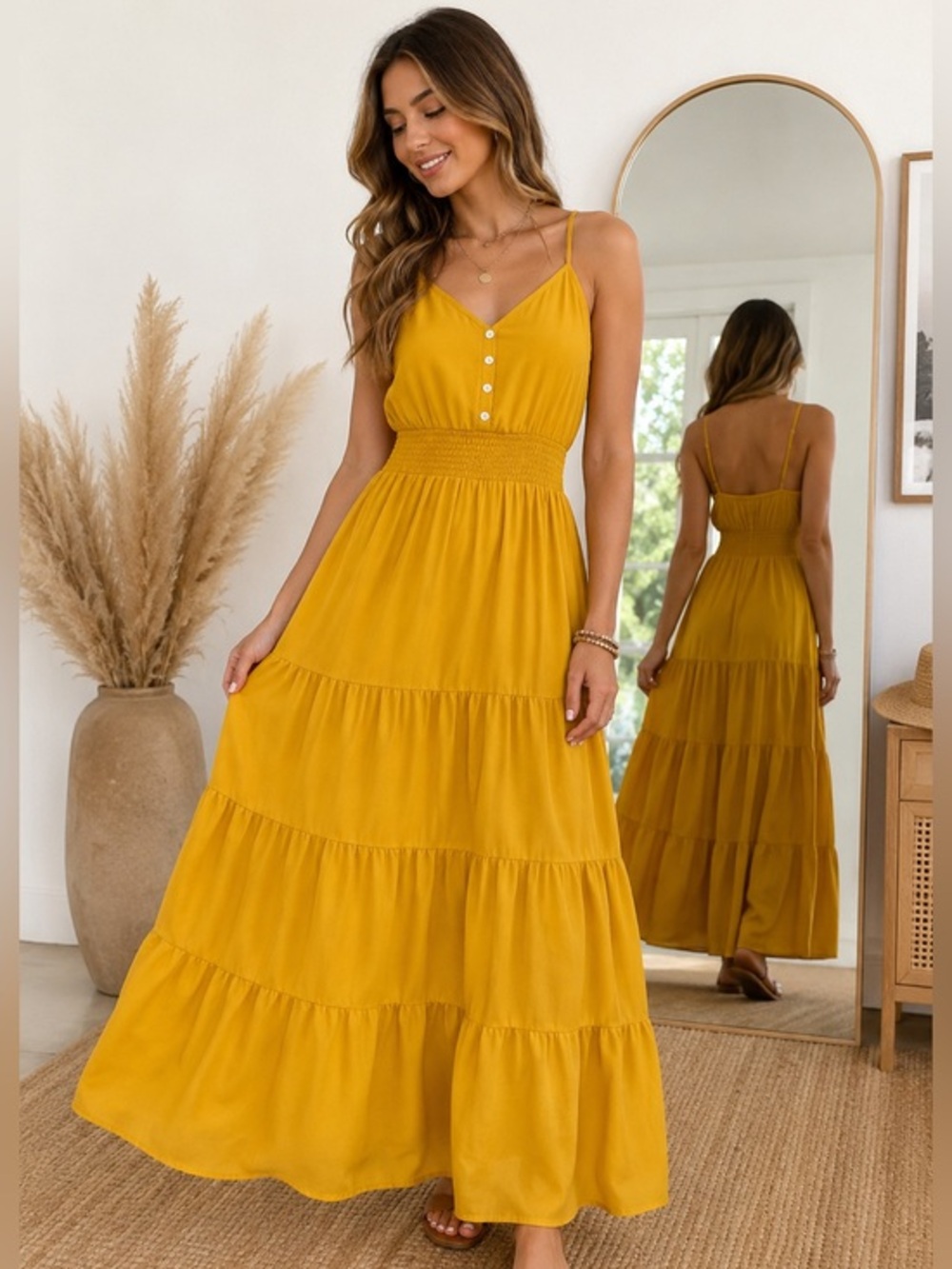PrettyGarden Mustard Yellow Tiered Maxi Dress Size S Euro Summer Coquette